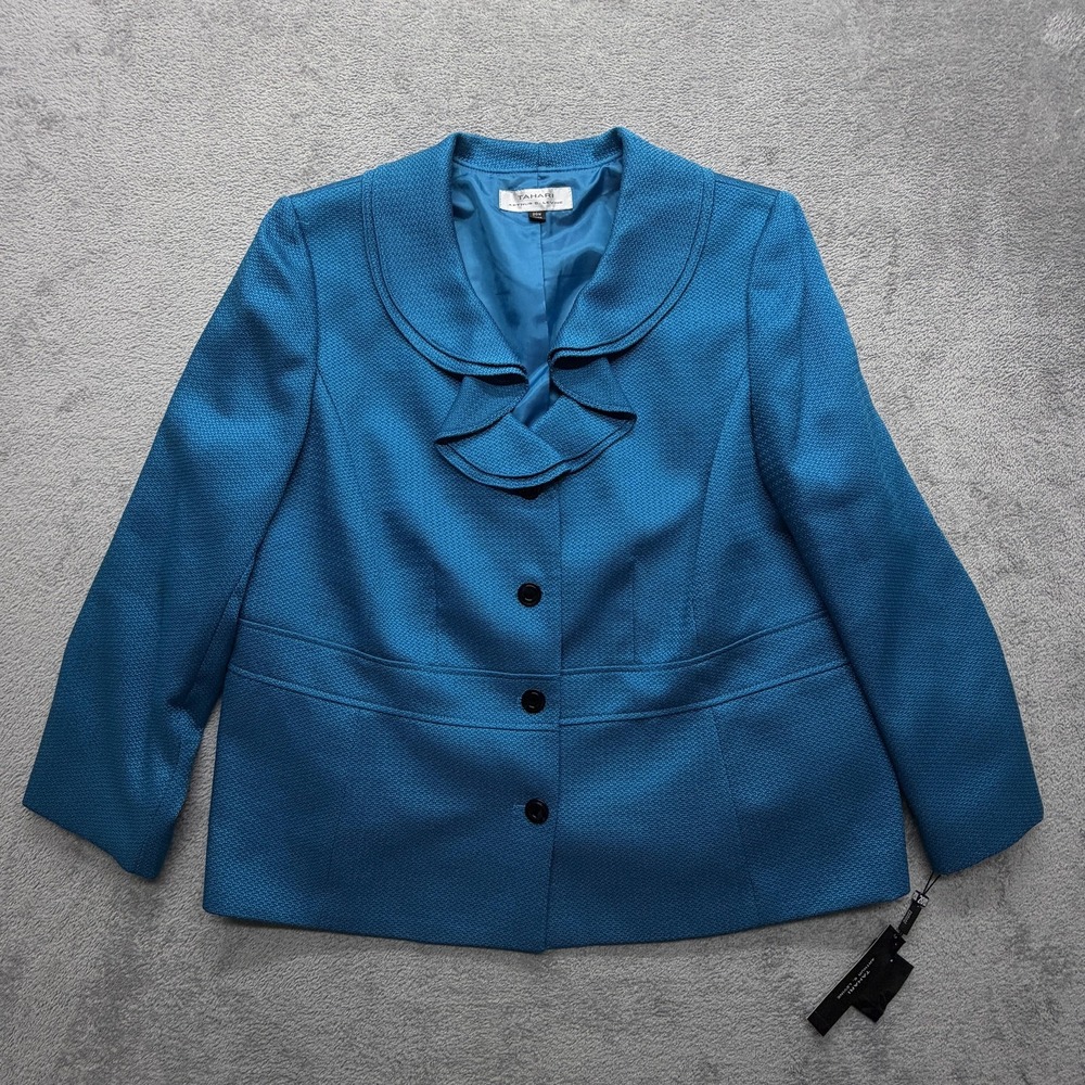 Tahari Arthur S Levine Jacket Womens 20W Blue Ruffle Collar Blazer Career Office